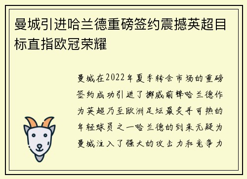 曼城引进哈兰德重磅签约震撼英超目标直指欧冠荣耀