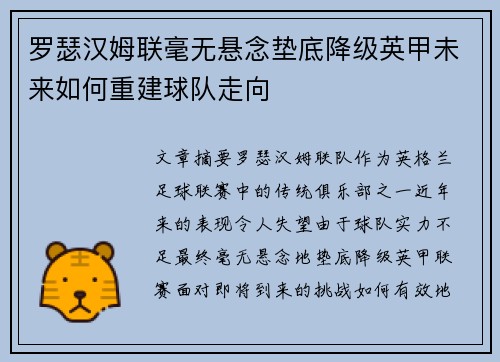 罗瑟汉姆联毫无悬念垫底降级英甲未来如何重建球队走向 罗瑟汉姆联毫无悬念垫底降级英甲未来如何重建球队走向