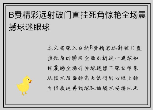 B费精彩远射破门直挂死角惊艳全场震撼球迷眼球